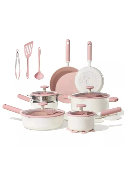 CAROTE Carote 21-Piece Ceramic Nonstick Cookware Set, PFAS-Free Healthy Cooking Set, Dual-size Silicone Strainer Lids, Full-Spray Even-Heat Base, All Kitchen Stovetop Compatible, Dishwasher Safe (Pink)